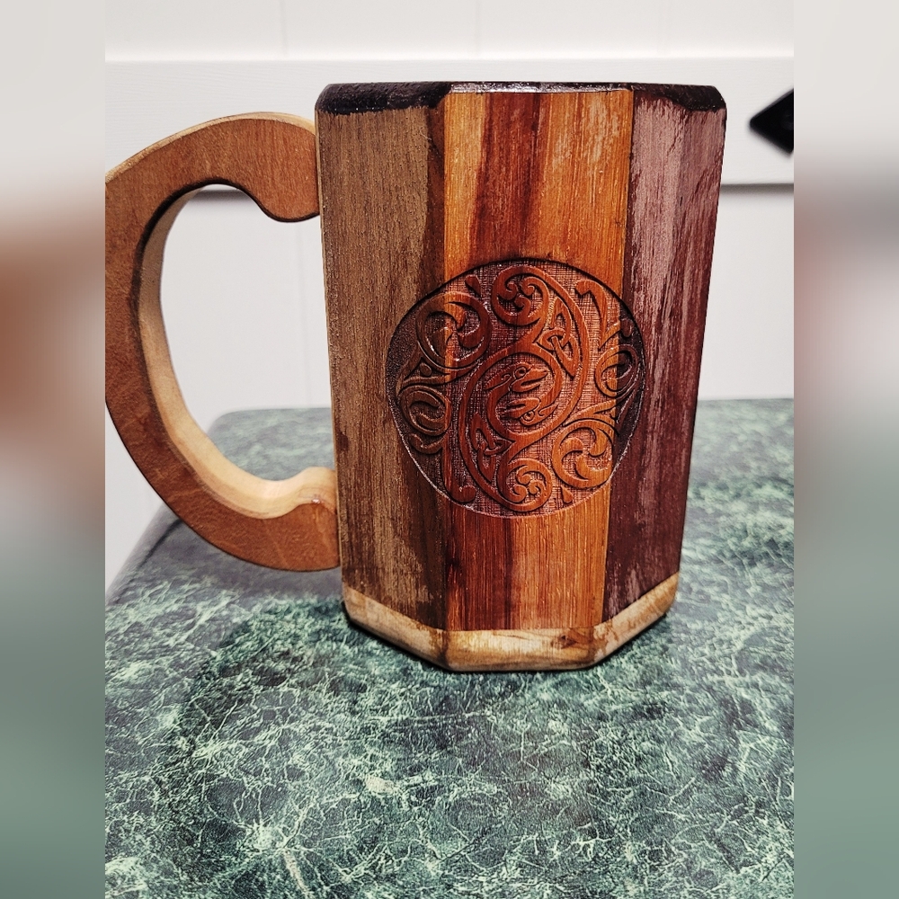 Handcrafted Wooden Mug with Carved Design